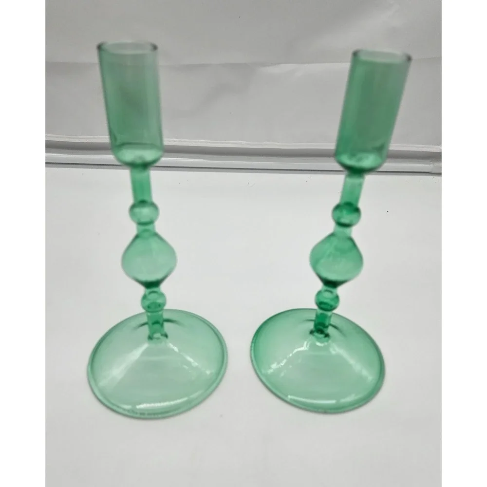Vintage Style Green Glass Taper Candle Holders Set of 2 Turned Stem 7.5 Inch
